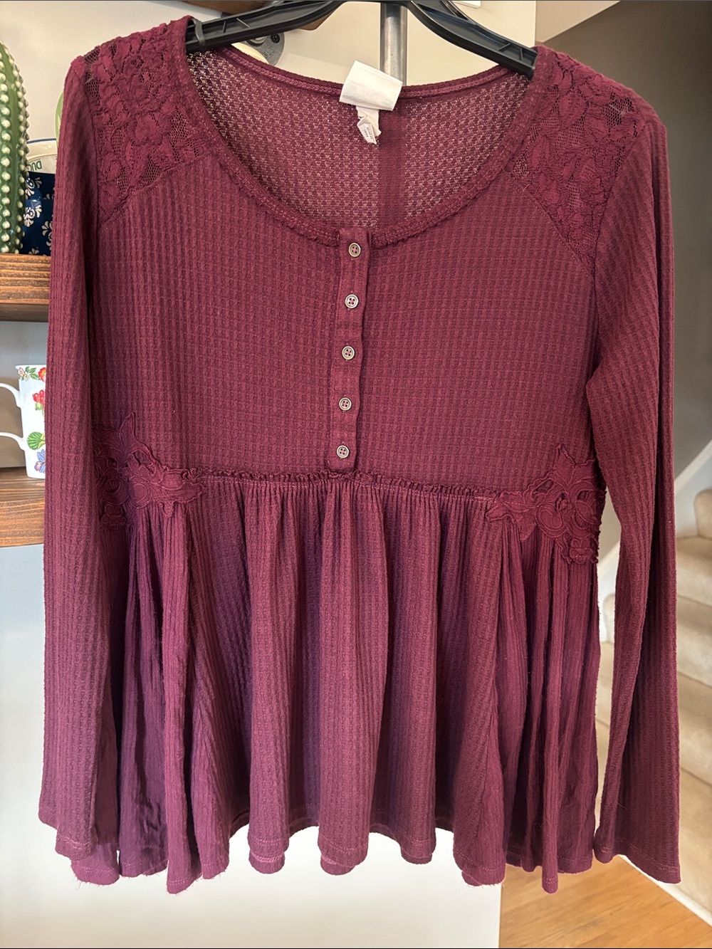 Knox Rose Burgundy Lace-Trim Babydoll Top | Size Small